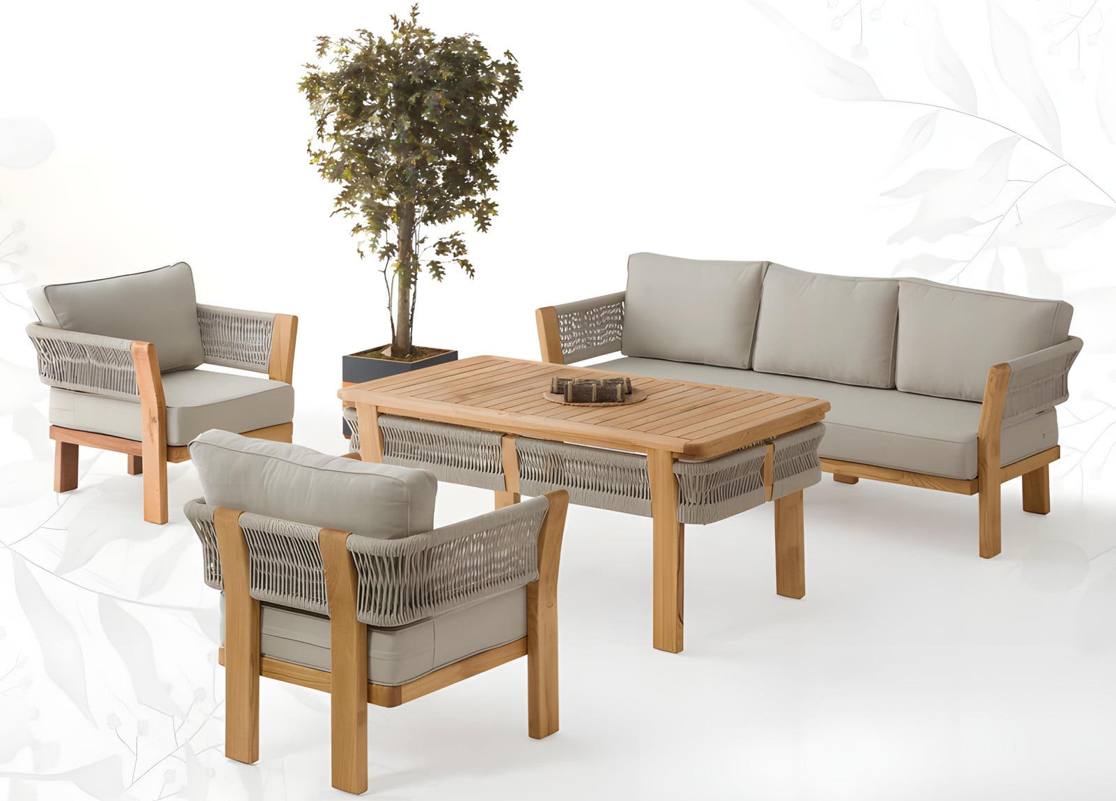 Moderne tuinmeubelset in het grijs van hout en textiel voor op je balkon of in je tuin