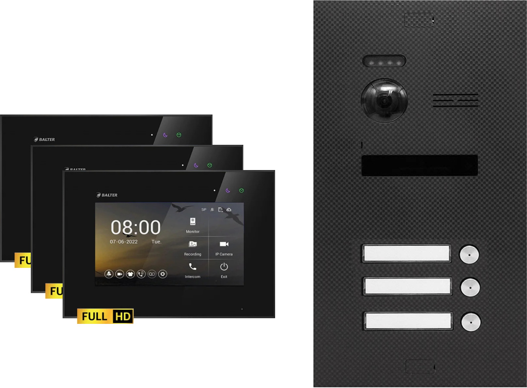 BALTER EVO HD Karbon-Graphit Video Türsprechanlage Set 3 Teilnehmer 3x 7" Monitor Schwarz