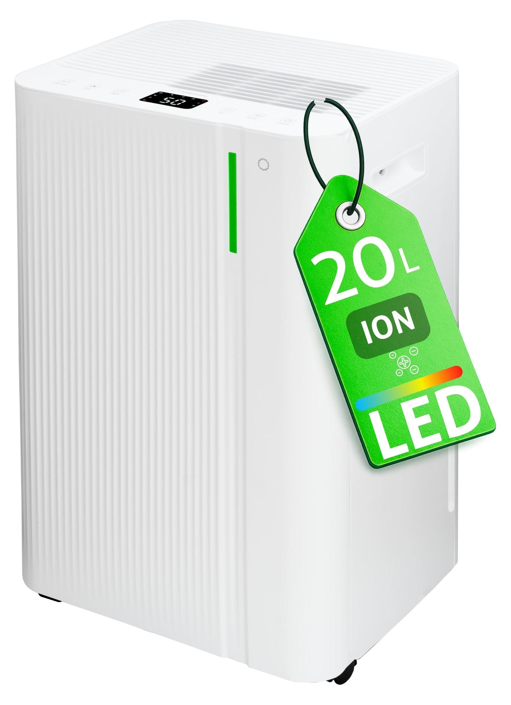 Luftentfeuchter 20 l/Tag, Ionisator, 4,5 l Tank, Timer, bis 45 m², leise