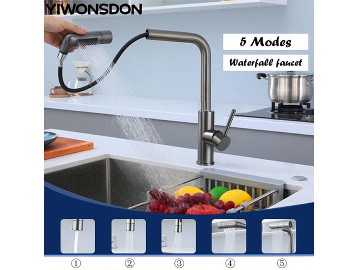 YIWONSDON gris 5 Modes retirer cascade robinet d'évier de cuisine mélangeur chaud-froid lavabo d'eau monté sur bureau noir robinet accessoires