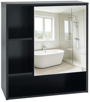 Costway Wall-Mounted Mirror Cabinet with 2 Hidden Shelves and 3 Open Compartments-Black