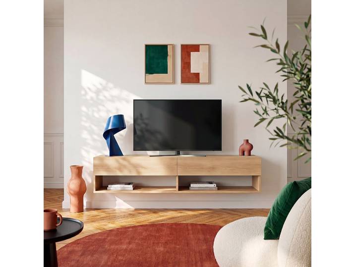 HABITAT - Meuble TV suspendu 2 tiroirs en chêne - Naturel - Design by Hélèna Pille - Nepi