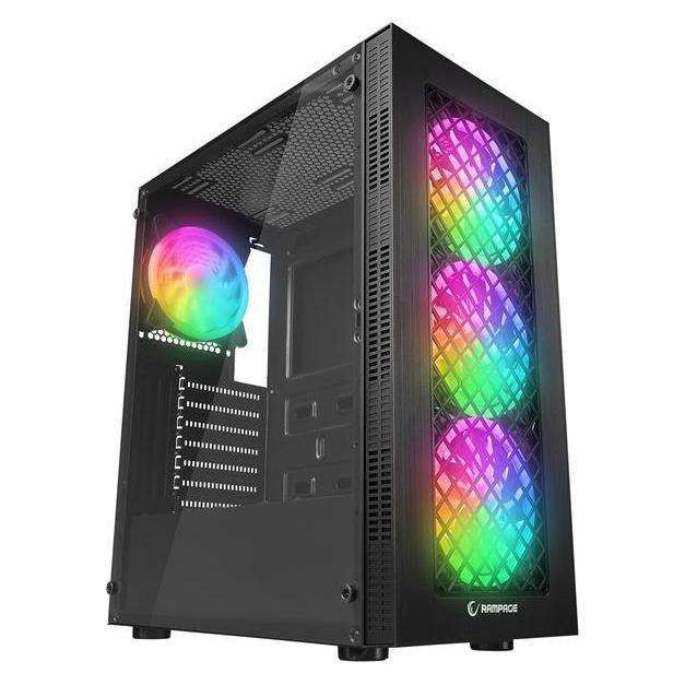 Rampage Számítógépház - PLAID V1 (fekete üveg ATX alsó táp 4x120mm RGB, 1xUSB3.0 + 2xUSB2.0) (ATX) (KOMHAZRAMPPLAID V1)