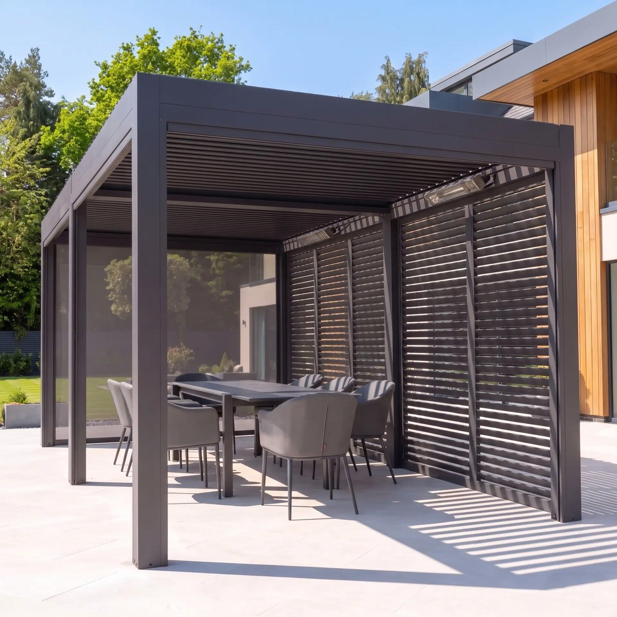 Harbour Lifestyle PergoSTET Deluxe 3m x 6m Rectangular Pergola with Motorised LED Louvres, Louvred Side Panels and Manual Side Blinds in Grey