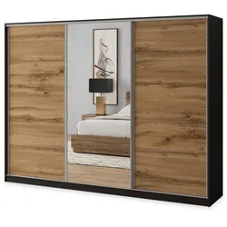 SCHWEBETÜRENSCHRANK SORE 270/205/58 cm 3-türig mit Spiegel und 4 Schubladen Schwarz