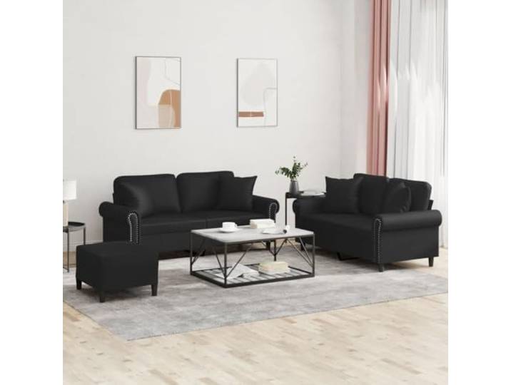 HEFZGDB 3-TLG. Sofagarnitur mit Kissen Schwarz Kunstleder Langlebiges Polstermöbel Schmutzabweisend Robustes Gestell Bequeme Sitzflächen Quadratische Zierkissen Vielseitiger