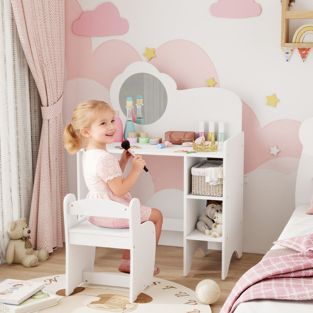 17 Stories AIYAPLAY Kids Dressing Table with Mirror, Stool, Vanity Table, White White 92.5cm H X 70cm W X 39cm D