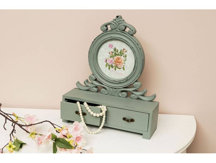 Bilderrahmen Senja, grün , grün, B:30cm H:10cm T:37cm, MDF, MYFLAIR MÖBEL & ACCESSOIRES, Bilderrahmen, Bilderrahmen, mit 2 Schubladen, ideal auch als Schmuckkasten, Shabby Optik