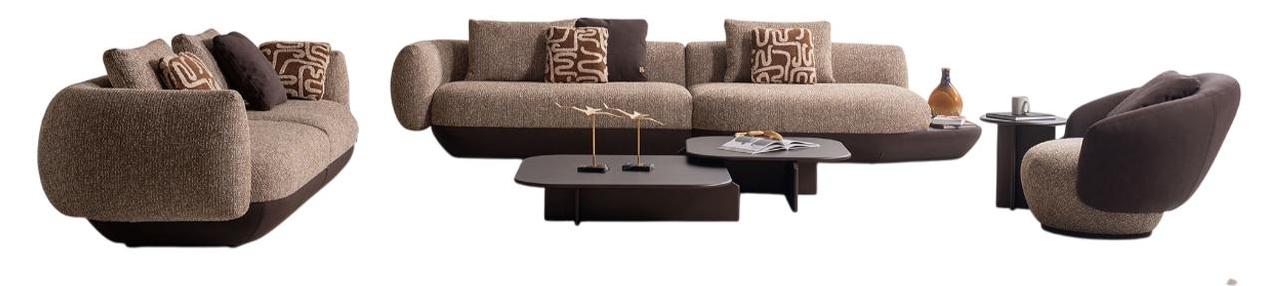 Designer Braune Couchgarnitur Relaxsofa 4-Sitzer Holztische Sessel