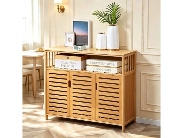 Buffet en bambou 100x35x82 cm avec portes persiennes meuble de rangement salon Norevia