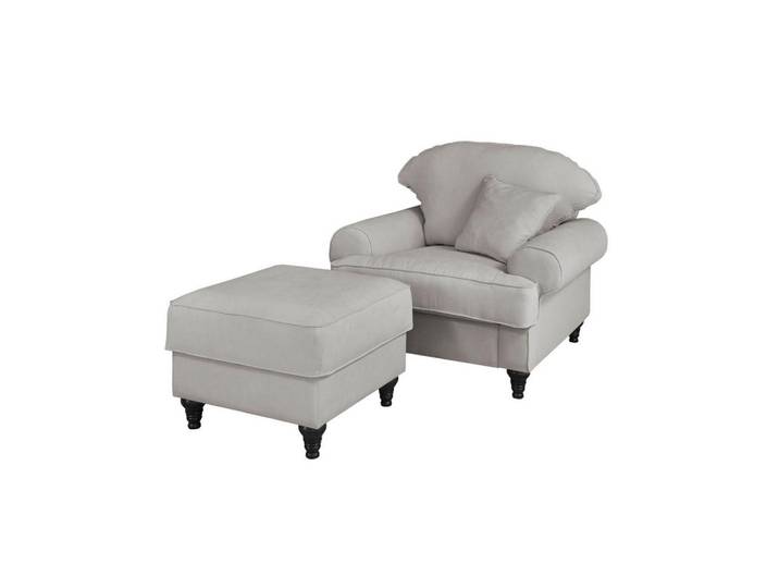 Furn.Design Sessel-Set hellgrau Landhaus, Loungesessel inklusive Hocker, Hellgrau, Holz, Nachbildung, 175x95x110 cm, Wohnzimmer, Sessel