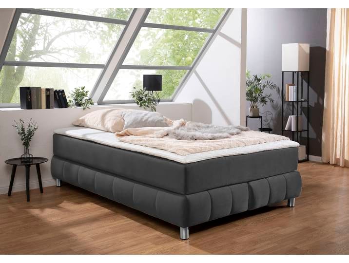 Boxspringbett, Samtoptik, Anthrazit, 146×226 cm, Ohne Kopfteil, Modern, andas