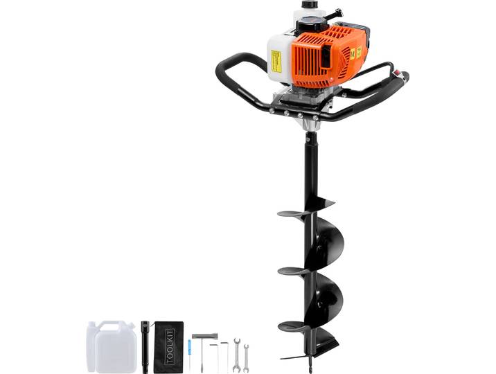 Tarière VEVOR avec moteur à essence\, 63 CC\, 2400 W\, tarière à essence avec couronnes de forage 8 pouces et 1 tige de rallonge\, tarière pour clôtures de poteaux pour terres agricoles\, plantes de jardin\, orange+noir