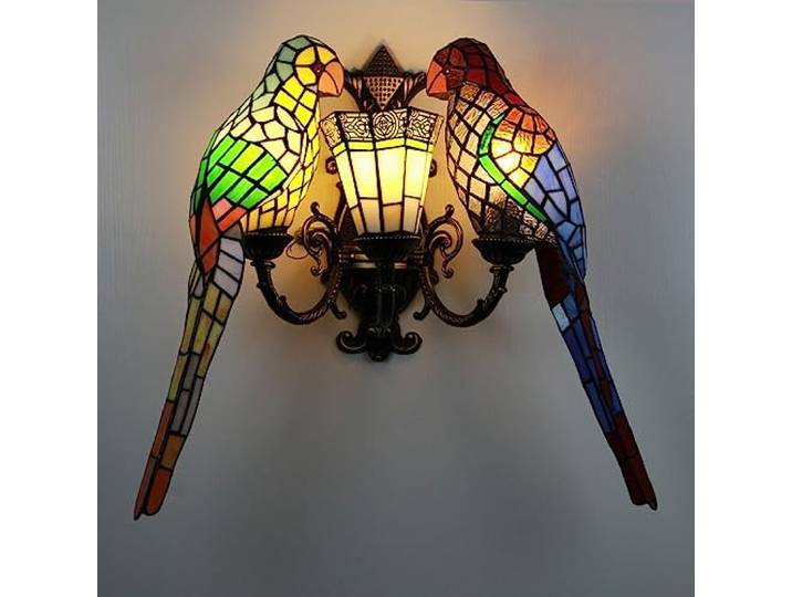 AIBOTY Große Papageien-Wandleuchte im Tiffany-Stil Handgefertigte Wandleuchten aus Buntglas Dekorative Vintage-Wandleuchte mit 3 Leuchten für Schlafzimmer, Wohnzimmer, Gang, Nachttisch,B