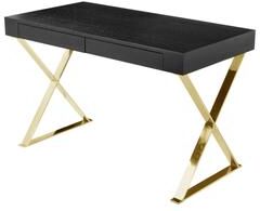 Benjara Ada Office Desk, 2 Drawers, Black Wood and Gold X Steel Legs, 47 Inch