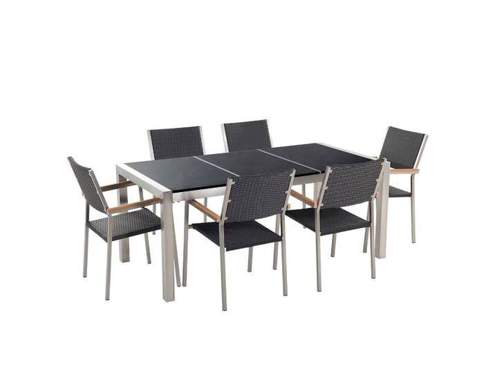 GARTENMÖBEL SET 6-Sitzer Naturstein schwarz poliert Rattan Grosseto