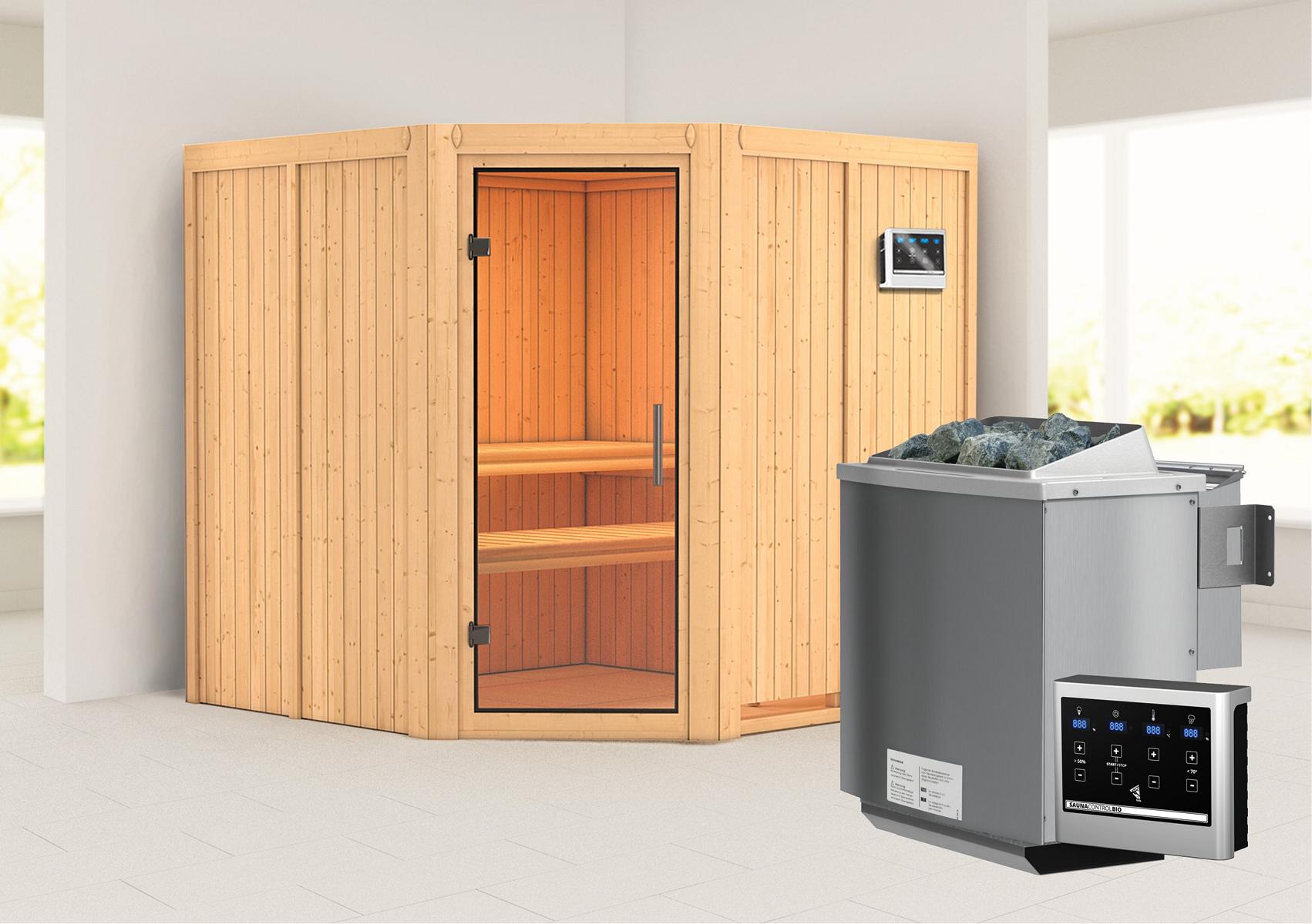 KARIBUHOLZT Sauna Jarin Eck, 9kW Bio ext. Strg klarglas GGT 16880610
