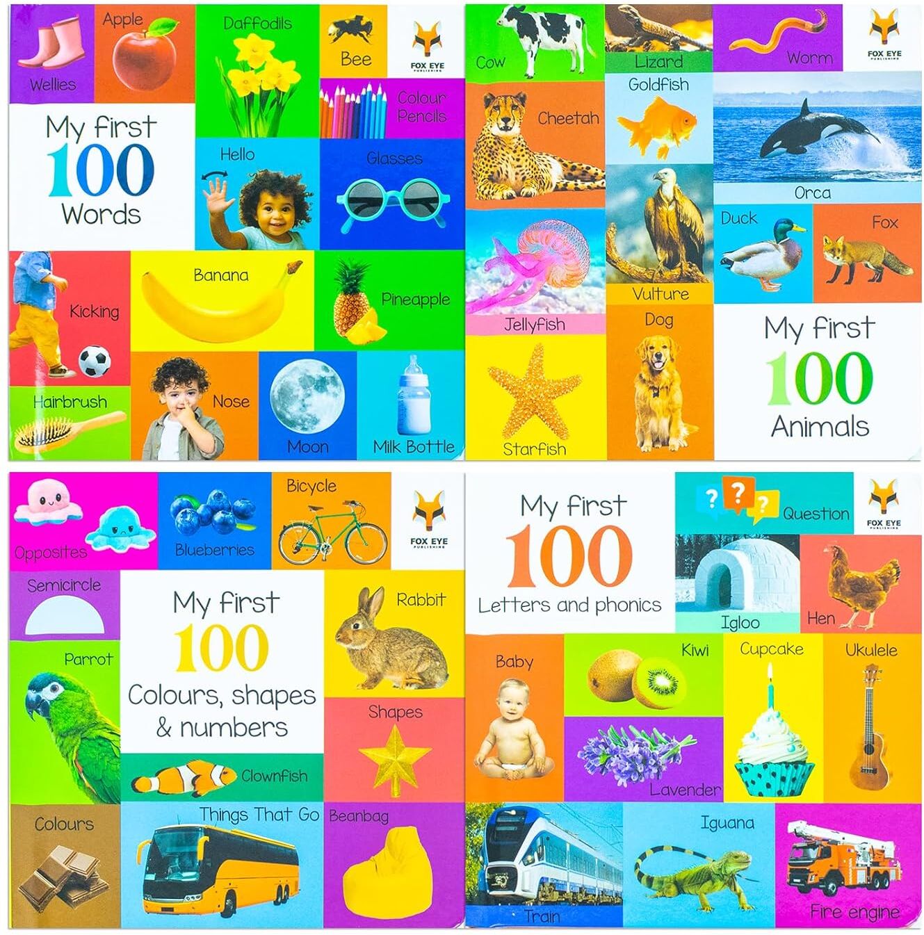Fox Eye Publishing My First 100 Words Box Set 4 Board Books Collection Set (Words, Animals, Colours, Shapes and Numbers, Letters and Phonics)
