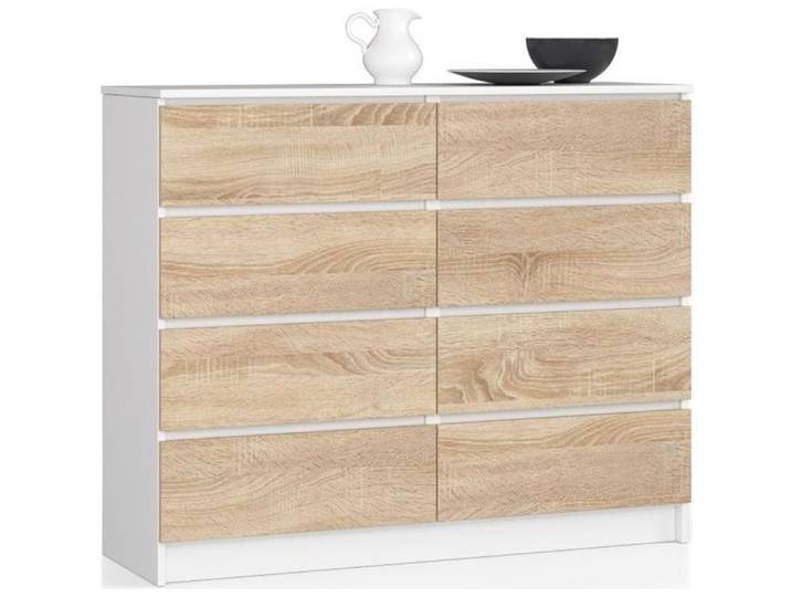 Commode AKORD K120 Blanche 120 cm 8 tiroirs façade Chêne Sonoma 120x40x99 cm