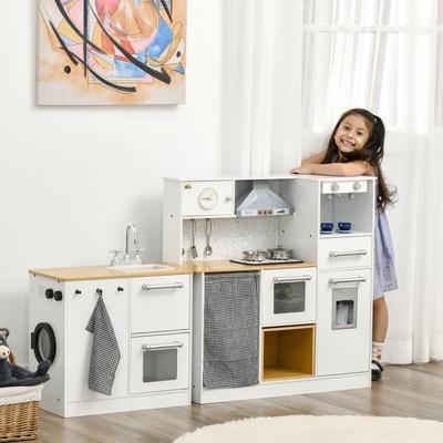 Qaba Kids Wooden Kitchen Playset with Sound Effects and Tons of Countertop Space, Wooden Corner Play Kitchen Set