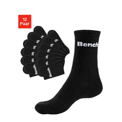 Tennissocken BENCH. "Damen Herren Sportsocken, Laufsocken, Crew Socken", Damen, Gr. 35-38, schwarz (12x schwarz), Baumwollmischung, unifarben, elastisch, Socken Tennissocken, mit Fuß Polsterung, Baumwoll Frottee