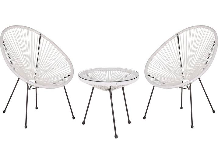 BELIANI Balkonset Weiß Polyrattan Beistelltisch mit 2 Stühlen Spaghetti-Optik Modern Mexikanischer Stil Outdoor Balkon Terrasse Garten Möbel