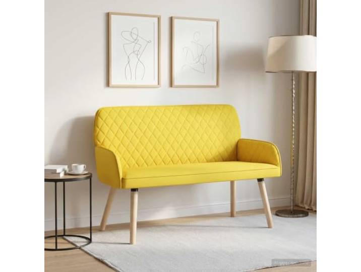 2-Sitzer Sofa mit Massivholzbeinen Helles Gelb Leinenstoff aus 100 % Polyester,Knopfheftung,Schaumstoff-Polsterung,Armlehnen,Kautschukholzbeine