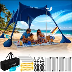 ELONEO Strandzelt, Sonnensegel Strand 300x300x200 cm, LSF 50+, Sonnenschutz für Strand mit Sandschaufel, Heringen und 4 Stabilitätsstangen, 8 Personen, Navy