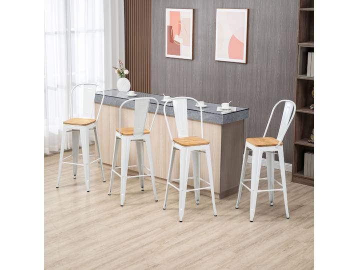 HOMCOM Tabourets Bar Industriel x4 Dossier Métal Blanc