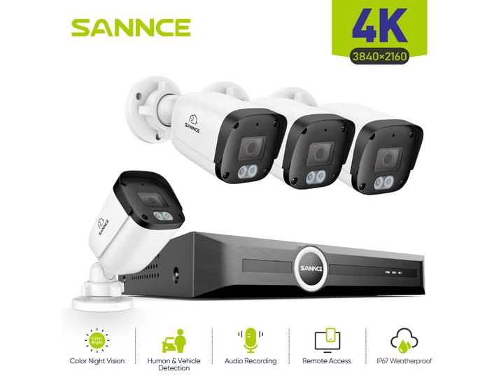 Système de caméra de sécurité PoE SANNCE 8MP, kit NVR 8CH 4K avec détection IA des personnes et des véhicules, 128 ° Grand angle, vision nocturne intelligente à double éclairage, compression S+265,