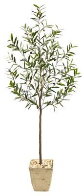 Nearly Natural "75"" Olive Artificial Tree in Country White Planter - 11.5"""
