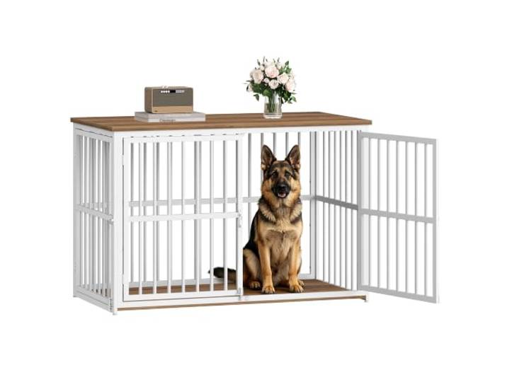 Fobyfurny Hundekäfig Möbel, Hundebox, 120x65x81 cm Vintagebraun und Weiß Hundebox für Zuhause mit 3 Türen, Beistelltisch, Hundekäfig Hochbelastbar, Hundebox Holz Indoor für Großhunde FPDC013FWR1