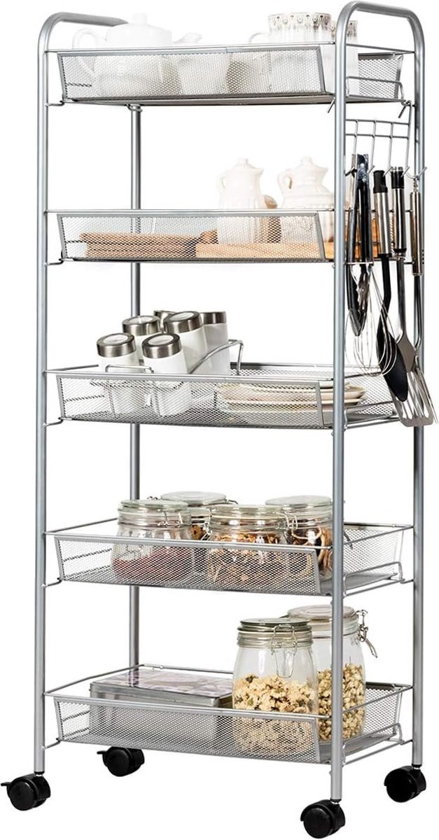 Multifunctionele metalen serveerwagen met 5 etages en wielen, zilver/multicolor