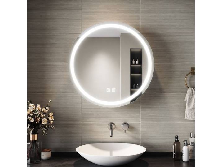 SIRHONA Armoire Miroir Salle de Bain Orbiculaire Noir 60x60x14cm Anti-buée Tactile Miroir avec Armoire de Rangement