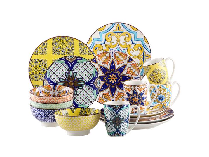 VANCASSO – Service de Table en Porcelaine à Motif Jasmine, Vaisselle avec Assiette à Dîner, Assiette à Dessert, Bol, Tasse, 16 32 48 Pièces