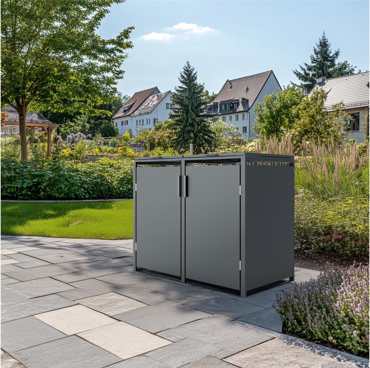 Mülltonnenbox 2er 132x80x116 cm anthrazit Stahl Gasdruckfeder-Deckel