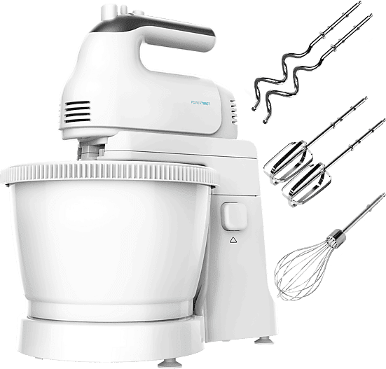 Amasadora de mano - Cecotec PowerTwist 500 Gyro, W, Bol autogiratorio 3,5 L, 5 Velocidades + Turbo, 3 Accesorios acero inoxidable, Blanco