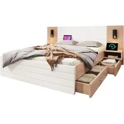 Doppelbett 180x200 mit Stauraum, Leselampe und USB-Ladeanschluss – Modernes Design in Weiß und Eiche, Flexibler Stauraum