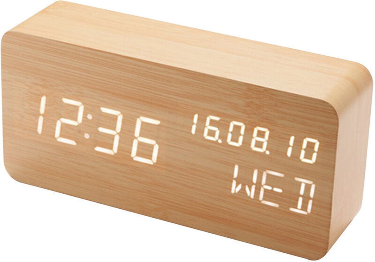 Houten digitale LED-wekker met verlichting in houtkleur