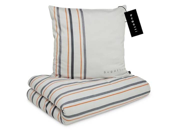 bugatti Bettwäsche 155x220 cm - 100% Baumwolle, Reißverschluss, anschmiegsam, weich & waschbar, Satinbettwäsche grau orange gestreift