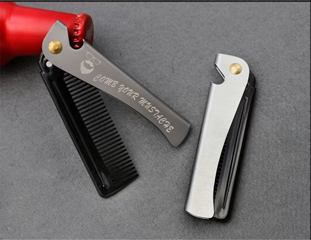 INF Peigne pliant coiffant pour pommade – Peigne de poche pour barbe PC+acier inoxydable, dents fines pivot 180° et Gris
