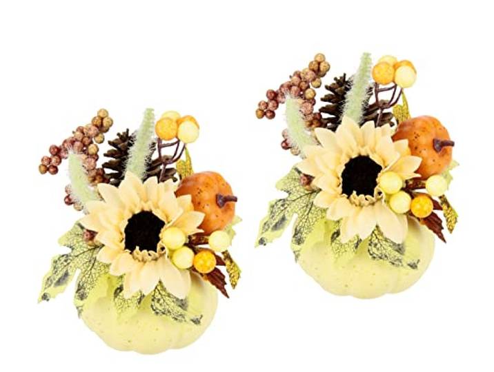 Arrangement van kunstzonnebloem, bessen, pompoen, kunstbloemen, decoratieve herfstdecoratie, zijdebloemen, bloemstukken, tafeldecoratie, Halloween gedecoreerde pompoen, zomerstuk