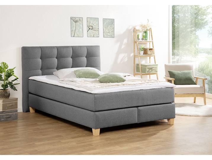 Boxspringbett, Samtstoff, Grau, 154×211 cm, inklusive Topper, Modern, Home Affaire