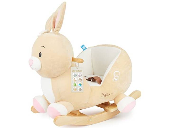 Bieco Plüsch Schaukeltier Hase Hopsi, 60 cm Kinder Schaukelstuhl mit Sicherheitsgurt Baby Schaukel Schaukel Kleinkind Schaukeltier Baby Schaukelwippe ab 9 Monate Schaukelpferd Holz