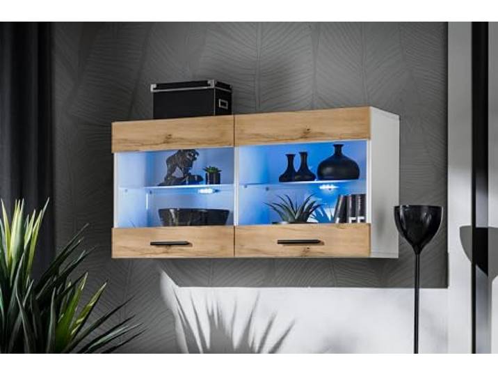Komodee Vitrine Savona Wotan/Weiß 100x50x30 cm Vitrine Savona, Wotan/Weiß, Breite 100cm x Höhe 50cm x Tiefe 30cm, ohne LED, 2 Glasböden, 2 Türen, für Wohnzimmer
