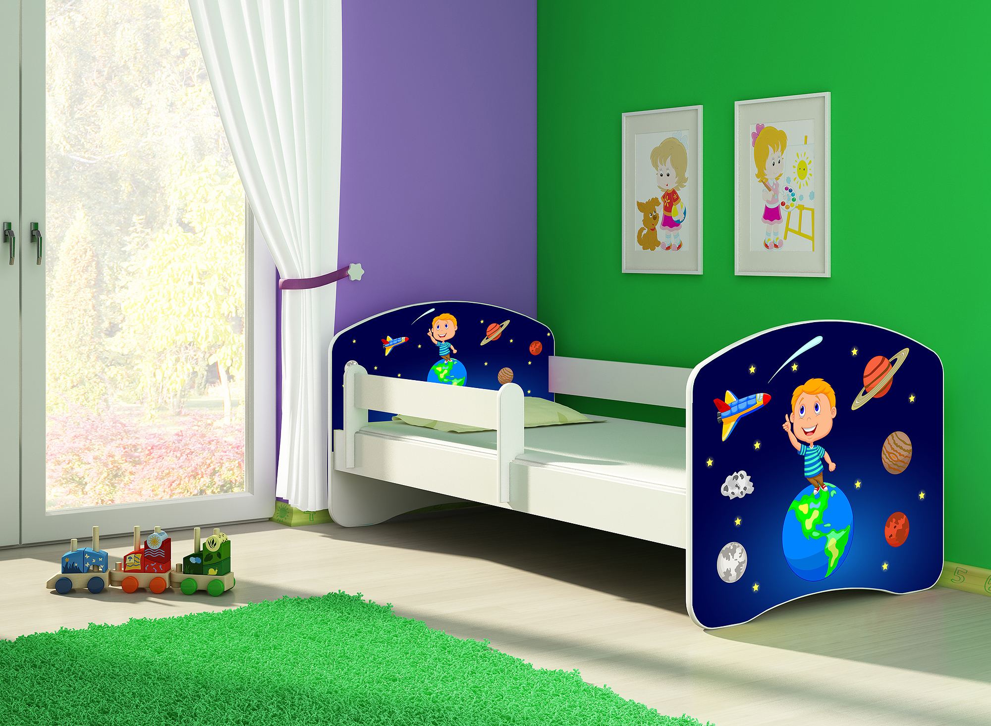Kinderbett, Motiv, Schublade CLAMARO, Bett Farbe:22 Cosmos, Mit Bettkasten:Mit Bettkasten, Bett Größe:180 x 80 cm