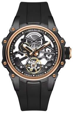 Inspired Finds MEGIR Skeleton Dial Automatic Mechanical Watch Waterproof Luminous Sport Watch With Silicone Strap black Rose