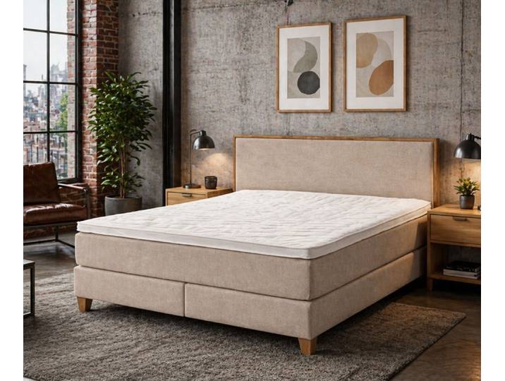 Boxspringbett Colonia mit vielen Variationsmöglichkeiten und Kopfteil mit Holzrahmen – 3%-Vorkasse-Rabatt