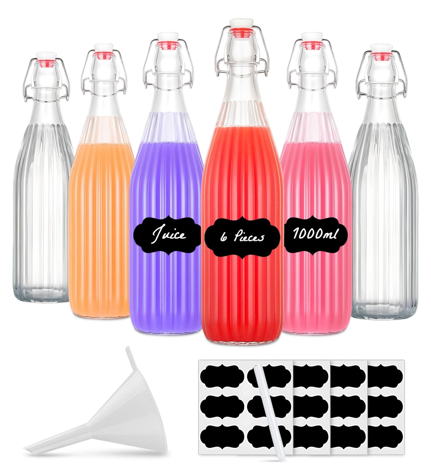 Dripio Set van 6 lege glazen flessen van 1 liter met metalen clip