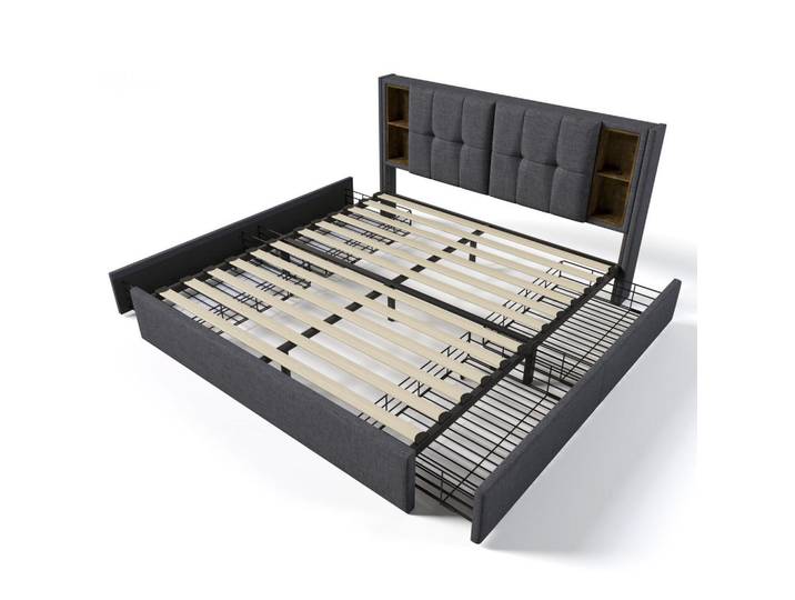 Oxeza Polsterbett 160/200 cm Grau mit Kabellosem und 4 Schubladen, Mode, Rechteckig, 160x200 cm, Schlafzimmer, Betten, Polsterbetten